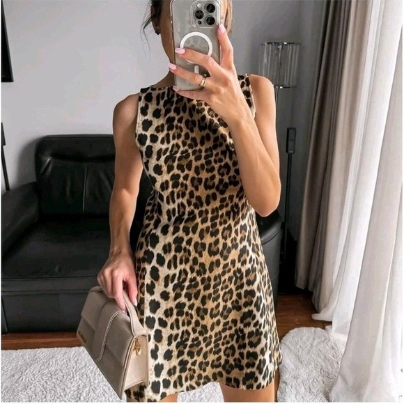 Zara ZW Collection Cream Tan Brown Leopard Print Sleeveless Mini Dress Size S - Picture 3 of 16